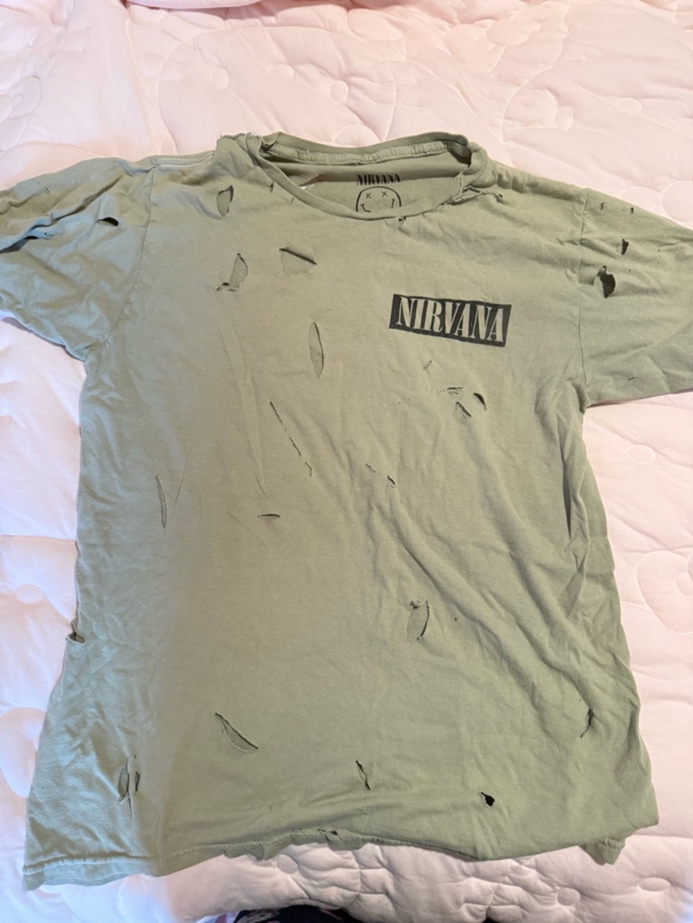 NIRVANA Sage Green Distressed Band Tee